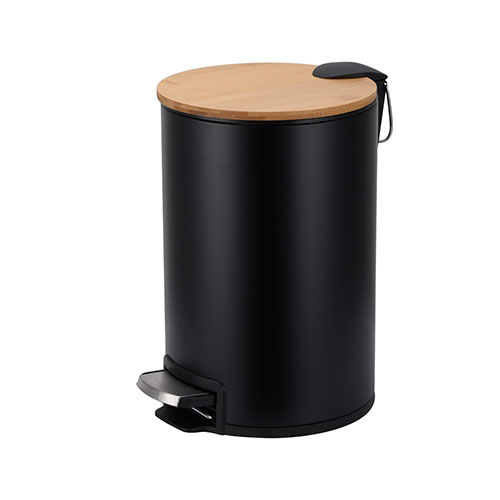 Round metal soft close pedal bin bamboo lid