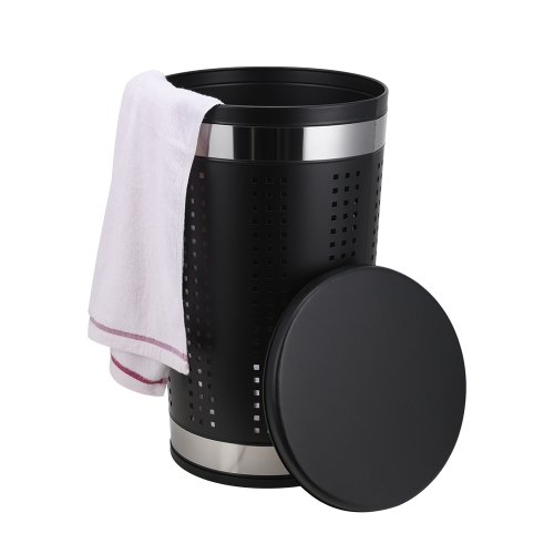 46 liters stainless steel laundry basket with seat cushion wooden leather lid