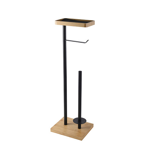 Soporte de papel higiénico de bambú de madera natural para baño con soporte para teléfono móvil