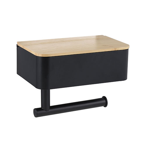 Caja de toallitas húmedas de acero de bambú autoadhesiva para inodoro y baño, soporte negro