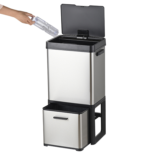 Lixeira quadrada redonda operada por bateria em aço inoxidável acetinado branco escovado com sensor preto