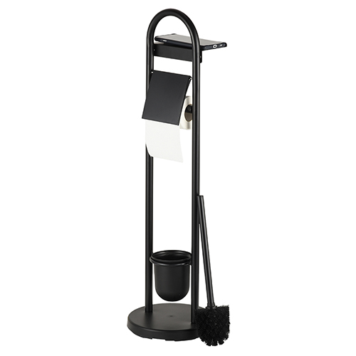 Black chrome finish free standing toilet tissue paper roll holder in bathroom toilet